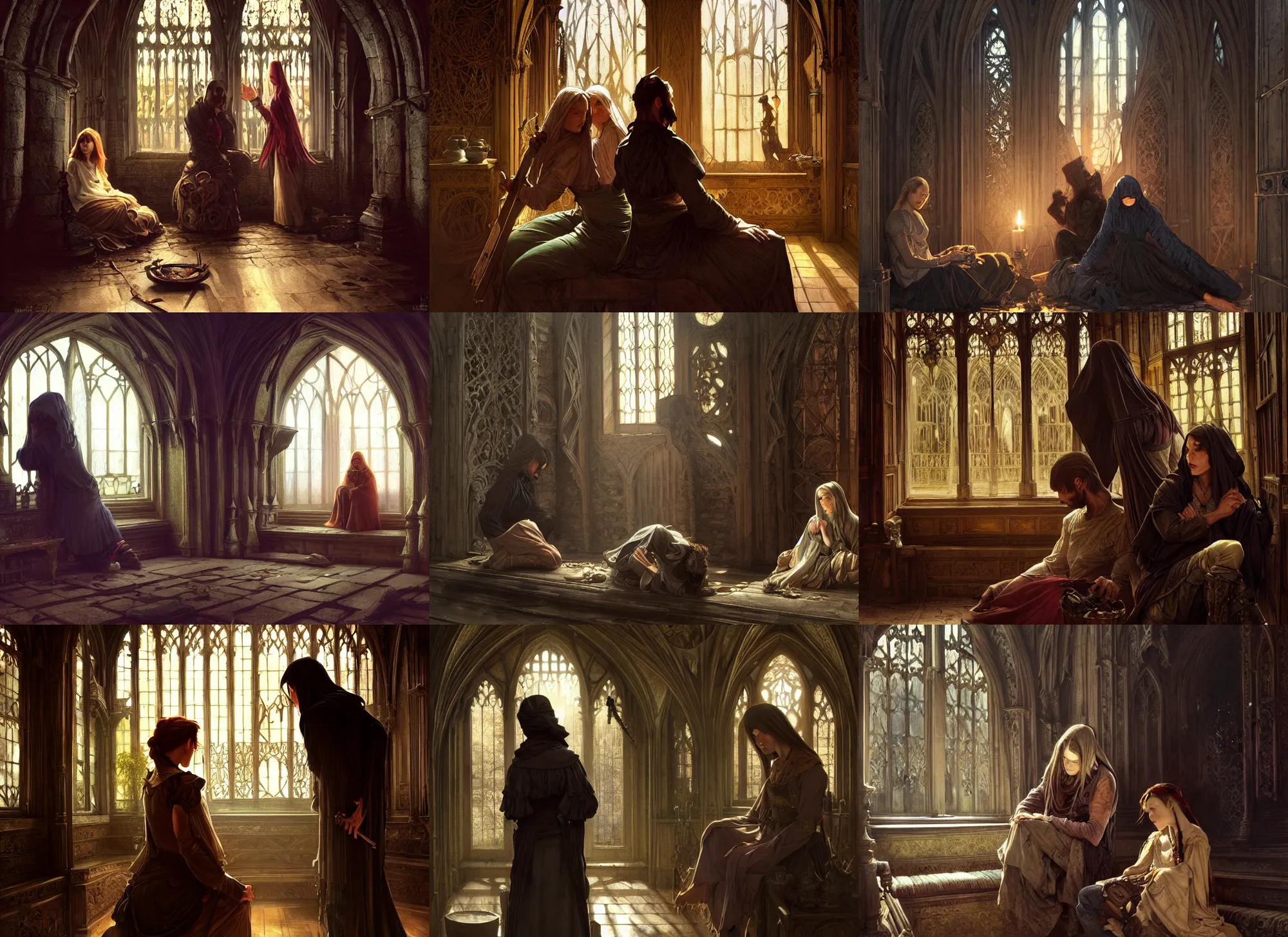 Prompt: two tramps in gothic interior, emotional sad painting, very poor, medieval peasants, fantasy, cruel, dramatic lighting, intricate, wild, highly detailed, digital painting, artstation, concept art, smooth, sharp focus, illustration, art by artgerm and greg rutkowski and alphonse mucha