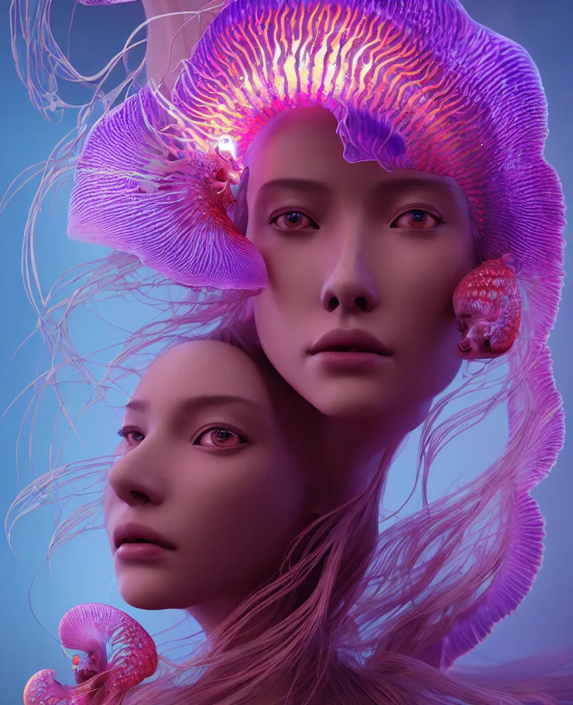 Image similar to goddess close-up portrait. orchid jellyfish phoenix head, nautilus, skull, betta fish, bioluminiscent creatures, intricate artwork by Tooth Wu and wlop and beeple. octane render, trending on artstation, greg rutkowski very coherent symmetrical artwork. cinematic, hyper realism, high detail, octane render, 8k