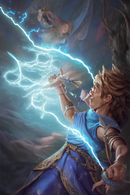 Image similar to legendary fairy prince casting a lightning spell,, lightning energy, blue energy, highly detailed, d & d, fantasy, highly detailed, digital painting, trending on artstation, concept art, sharp focus, illustration, global illumination, ray tracing, realistic shaded, art by artgerm and greg rutkowski and fuji choko and viktoria gavrilenko and hoang lap