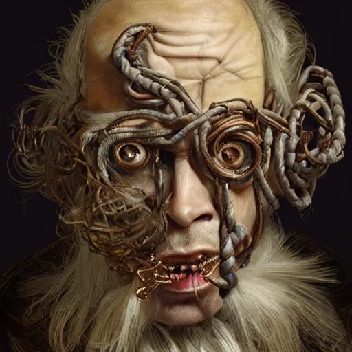 Image similar to portrait of a Shibari rope wrapped around the face and neck of an old cyborg merchant, mouth wired shut, headshot, insanely nice professional hair style, dramatic hair color, digital painting, of a old 17th century, amber jewels, baroque, ornate clothing, scifi, realistic, hyper detailed, chiaroscuro, concept art, art by Franz Hals and Jon Foster and Ayami Kojima and Amano and Karol Bak,