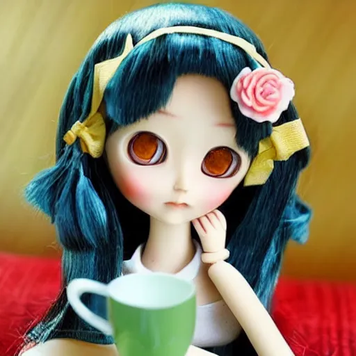 Prompt: delightfully beautiful anime style doll drinking tea