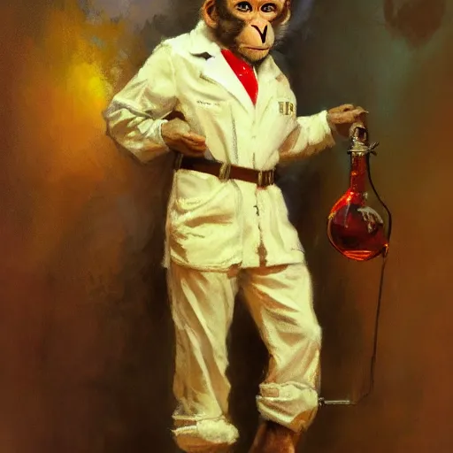 Prompt: full body portrait of a monkey scientist, artwork by gaston bussiere, craig mullins, trending on artstation, monkey dressed as a scientist