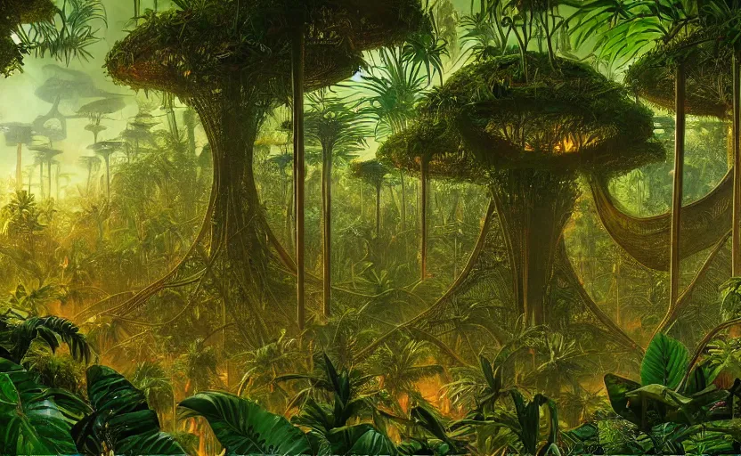 Prompt: a lost high tech amazonian city with alien architecture made of wood and metal engulfed in woven jungle vines and bridges between buildings in a psychedelic rainforest, by vladimir kush, by roger dean, by thomas kinkade, hyperrealistic, 4k resolution, intricate, detailed, realistic shadows, rendered in octane, volumetric lighting, 3d, psychedelic color scheme