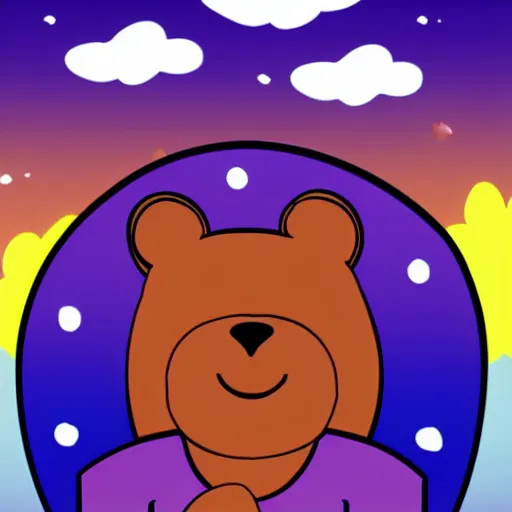 Image similar to cartoon bear wearing clothes being launched out of a futuristic machine into a purple and orange cloud land