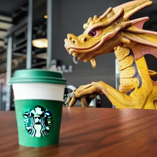 Image similar to a dragon getting coffee at starbucks. realistic high resolution color photo 2 0 2 2