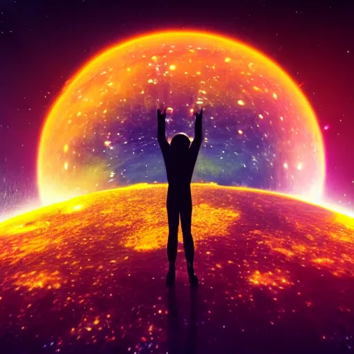 Image similar to astronaut floating in a galaxy : : 3 glowing sun : : 2 many shining stars : : 1 cyberdelic, nintendocore, supremely digital, space - age, unreal engine, super detailed, dreamlike lighting