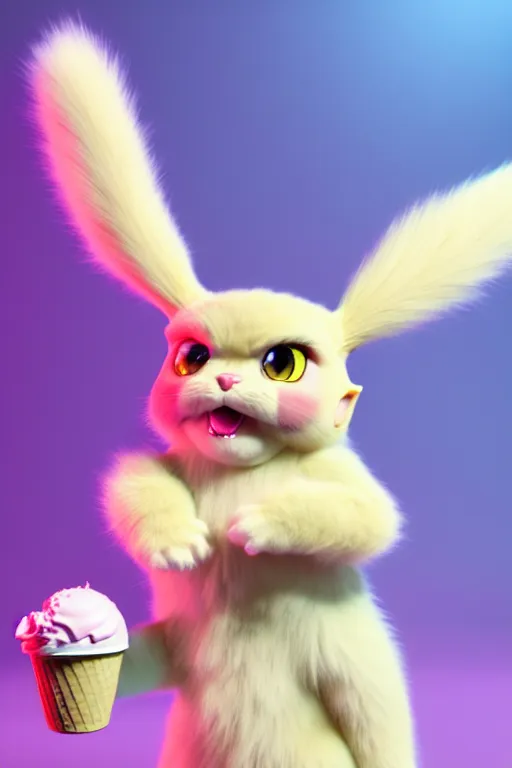 Image similar to high quality 3 d render hyperrealist very cute pastel fluffy! grumpy gargoyle cat hybrid eating giant ice cream full body, vray smooth, in the style of detective pikachu, hannah yata charlie immer, dramatic pink light, low angle, uhd 8 k, sharp focus