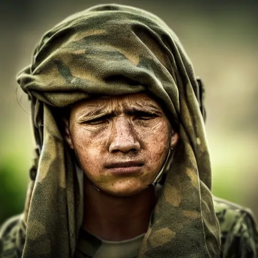 Image similar to soldier!!!!! portrait!!!!! pain, eyes, sadness, soft focus, national geographic