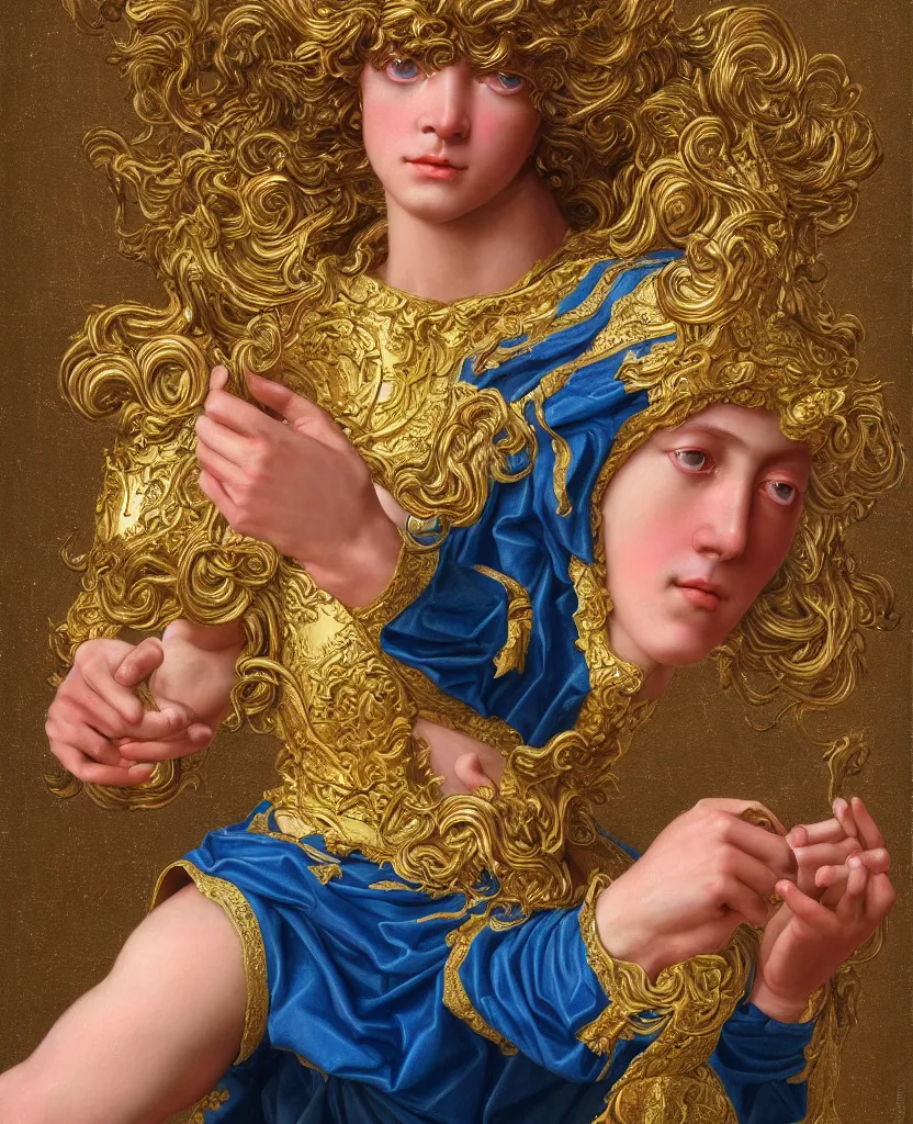 Prompt: a painting of a saint seiya golden and white ceramic toy wikth blue and pink pigments, a flemish baroque by dino valls, trending on zbrush central, classical realism, flemish baroque, hyper realism, chiaroscuro