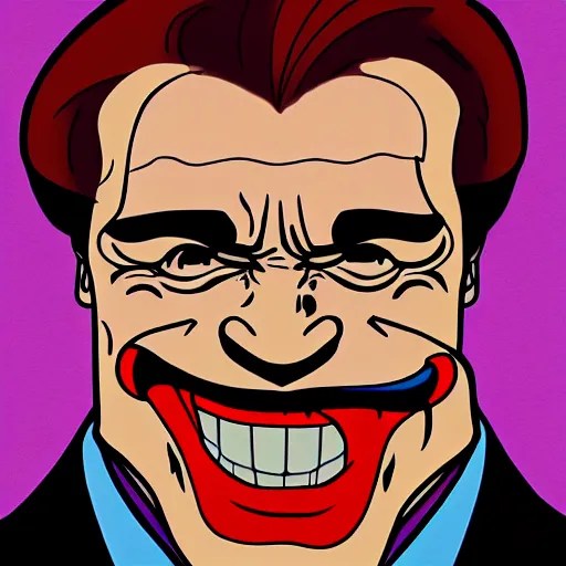 Image similar to Arnold Schwarzenegger as Joker smoking a cigar, cartoon style, looney tunes