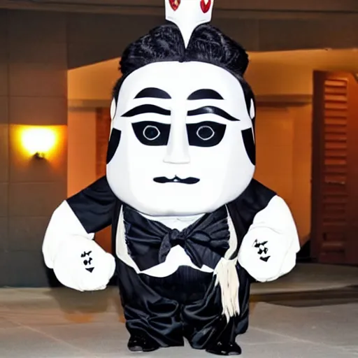 Prompt: a big man in a tux with small legs, heart shaped goden mask with white lights for eyes.