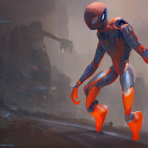 Image similar to concept render of an orange robot spiderman by cedric peyravernay and leon tukker