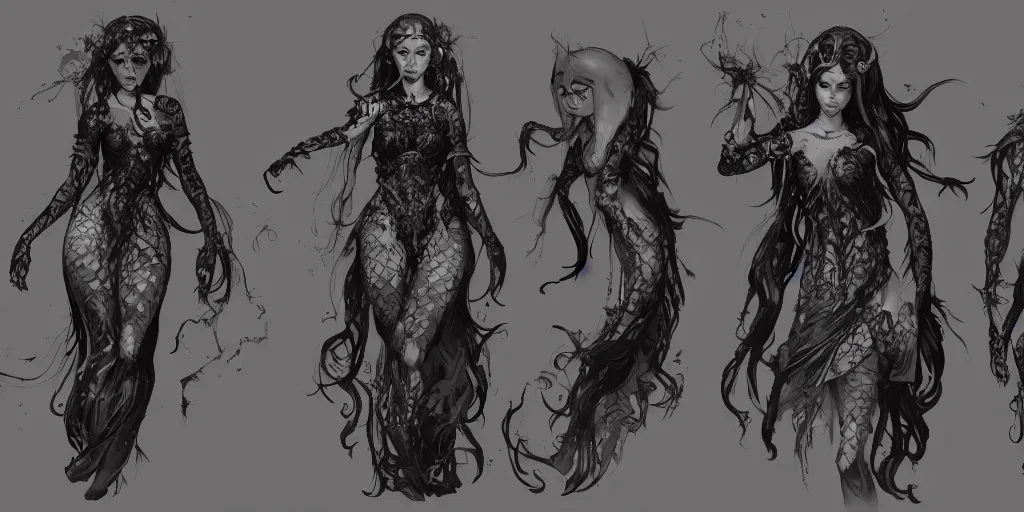 Prompt: gothic mermaid character detail designs, Greg Rutkowski, character sheet, kim jung gi, Darek Zabrocki, Karlkka, Jayison Devadas, Phuoc Quan, trending on Artstation, 8K, ultra wide angle, pincushion lens effect