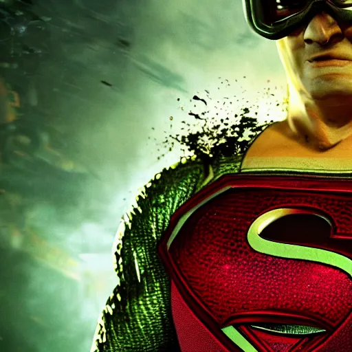 Image similar to pickle rick as superman! flying in ( gears of war ), splash art, movie still, detailed face, photorealistic facial features, cinematic lighting, dramatic, octane render, long lens, shallow depth of field, bokeh, anamorphic lens flare, 8 k, hyper detailed, 3 5 mm film grain