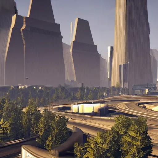 Image similar to a dystopia soviet brutalist city background for grand theft auto 5 loading screen, very detailed, high quality photo, designed by zaha hadid, sculped by Norman foster