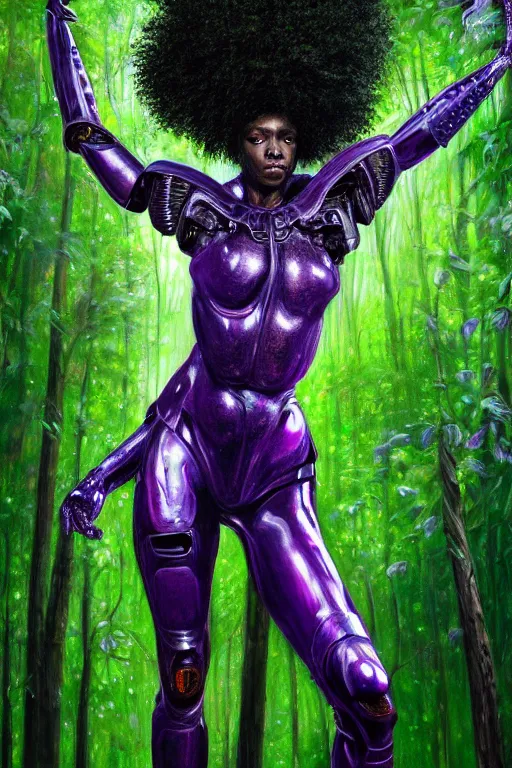 Image similar to hyperrealistic post - raphaelite super expressive! black woman with exoskeleton armor, merging with tree in a forest, highly detailed digital art masterpiece smooth cam de leon eric zener dramatic pearlescent green purple light ground angle hd 8 k sharp focus