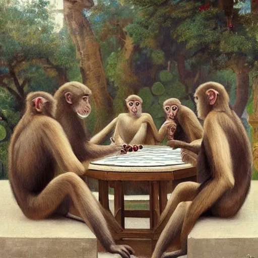 Prompt: A beautiful photograph of a group of monkeys playing backgammon. The monkeys are seated around a table, with some of them appearing to be deep in concentration while others appear to be playing more casually. Pride Prejudice, overhead view by Paul Gustave Fischer graceful