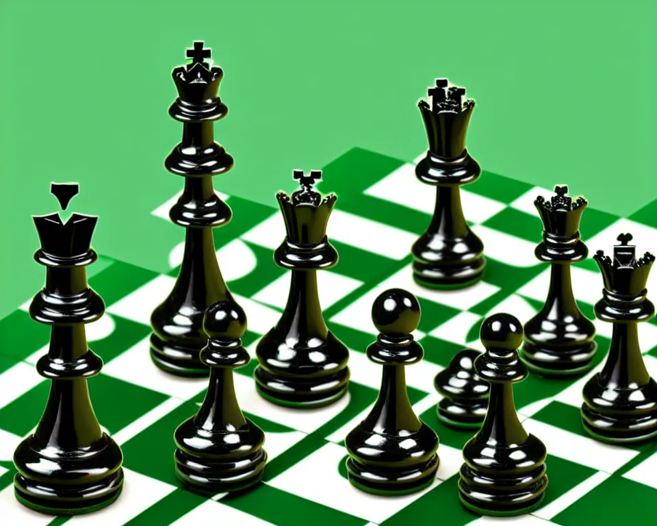 Prompt: a modern, ornate chess set on a green background. pop art, detailed, proportional, romantic, enchanting