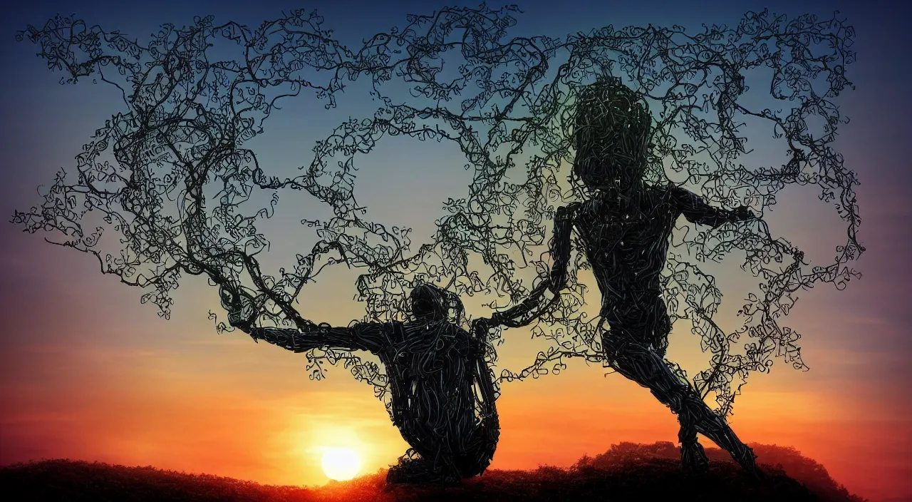 Prompt: Robotic man made completely of trees and vines, holding a book and silhouetted against a beautiful sunset, 4k, fantasy art, trending on artstation