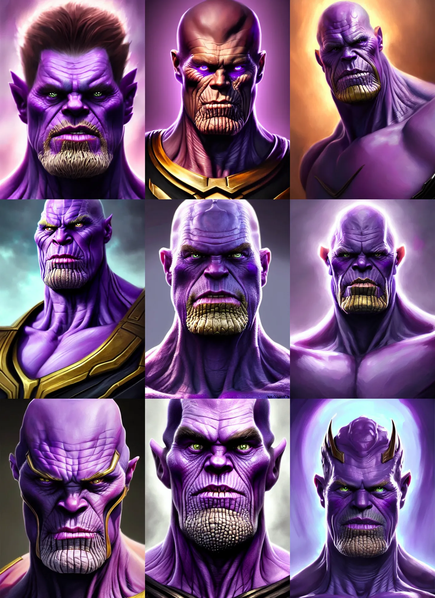 Prompt: a fantasy style portrait painting a character if willem dafoe and thanos had a son, purple skin, powerful chin, thanos style traits, painting, unreal 5, daz., rpg, portrait, extremely detailed, artgerm greg rutkowski _ greg