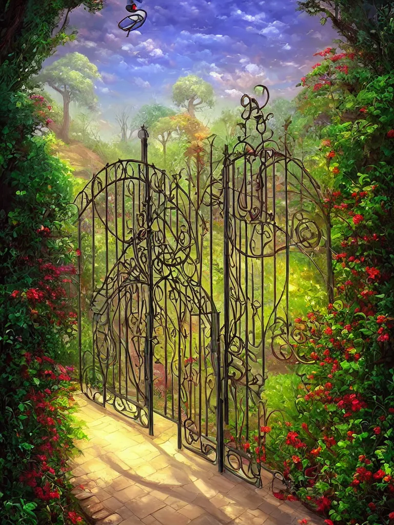 Prompt: beautiful oil painting digital high quality of wrought iron garden gate with a tranquil garden in the background and stone ground Cyril Rolando, David Wiesner, Anato Finnstark, artstation behance