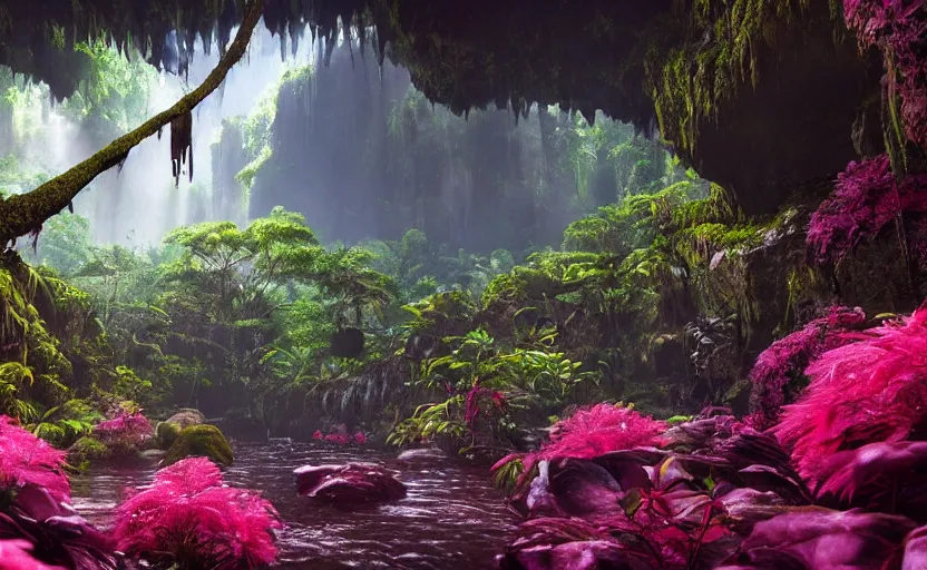 Image similar to a beautiful render of a dark prehistoric rainforest in a humongous cave, lush flora, patches of sky, magenta flowers, sunset, floating mountains and a waterfall in the background, intricate detail, hazy, humid, volumetric lighting, 8 k, photorealistic, raytracing effects, unreal engine 5