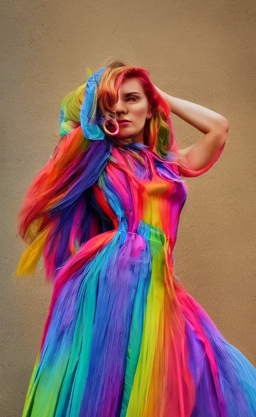 Prompt: a full shot photo of rainbow dress woman, danish angle, streets, colorful, goddess, caucasian, feminine, nighttime, daytime, glow up, realistic, 8 k, hdr, extremely detailed