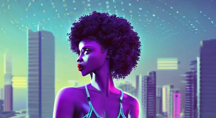 Image similar to portrait of beautiful cyberpunk black woman with afro hair, rio de janeiro pao de acucar corcovado ipanema on the background, blue and purple digital art trending on artstation, beeple, soft lighting, bokeh