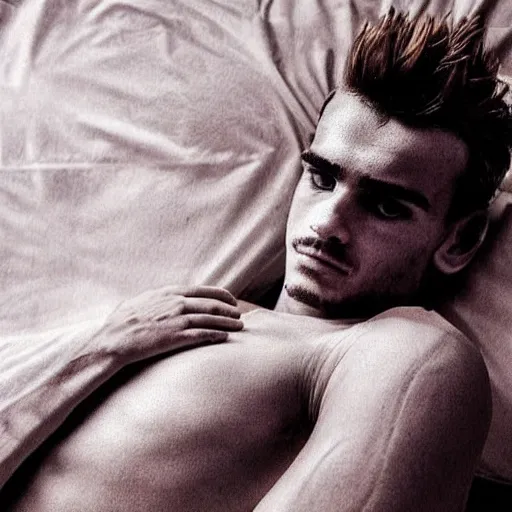 Image similar to “ a realistic detailed photo of a guy who is an attractive humanoid who is half robot and half humanoid, who is a male android, soccer player antoine griezmann, shiny skin, posing like a statue, blank stare, on the bed, on display ”