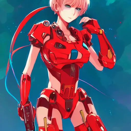 Image similar to digital anime art. cute girl. red mech arms and red mech legs. blue eyes!!!. gold short hair!!!. red bikini. full body!!!. wlop, rossdraws