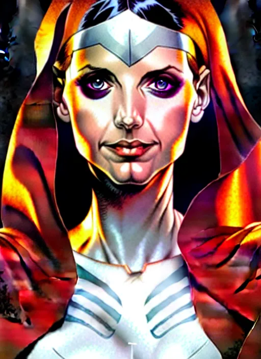 Image similar to artgerm, joshua middleton comic cover art, pretty sarah michelle gellar superhero, very pale white skin, asymmetrical black spot covering left eye only, no spot right eye white around right eye