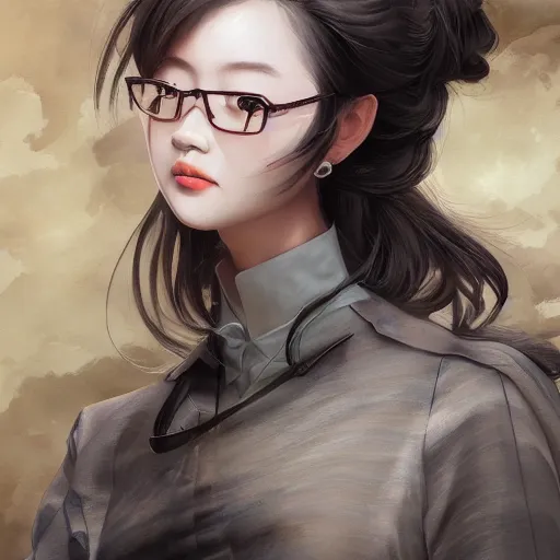 Image similar to dynamic composition, motion, ultra-detailed, incredibly detailed, a lot of details, amazing fine details and brush strokes, colorful and grayish palette, smooth, HD semirealistic anime CG concept art digital painting, watercolor oil painting of a young office lady, by a Chinese artist at ArtStation, by Huang Guangjian, Fenghua Zhong, Ruan Jia, Xin Jin and Wei Chang. Realistic artwork of a Chinese videogame, gradients, gentle an harmonic grayish colors.