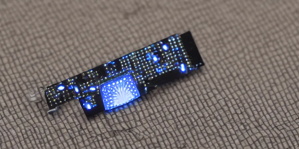 Image similar to faulty smoking wrist band chip with leds and keyboard made by a cyberpunk artificer