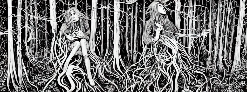 Image similar to a grunge technogaianist long-haired blonde digital musician playing modular synthesizer in the forest, technology and nature swirling in harmony, plugging vines into the synthesizer, trees swaying to the beat, postmodern surrealist concert poster, grainy poster art, hand drawn matte painting by Tara McPherson and Gary Houston, smooth, sharp focus, extremely detailed, 24mm.