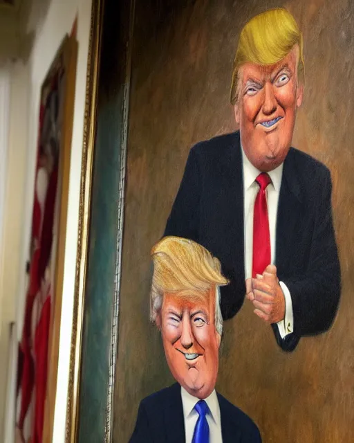 Image similar to a presidential portrait of donald trump in the style caricature artist oil painter sebastian kruger hanging on a wall at mar - a - largo