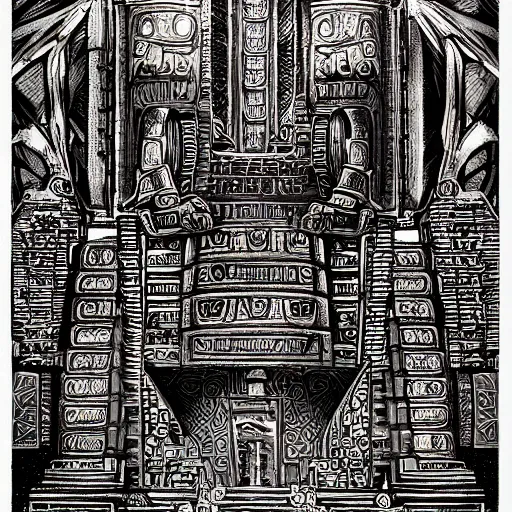 Image similar to Interior of the fire mayan god temple, mayan gothic design, doom, fire, flaming shrine, in the graphic style of and Patrick Gleason, hig key lighting, detailed art, trending on Artstation, sharp focus, comic art