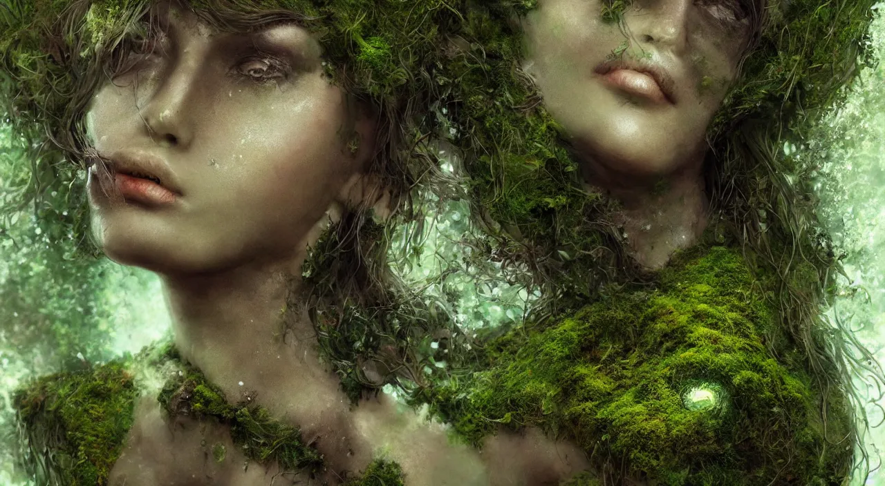 Prompt: Moss-covered Gaia goddess shedding a single tear, highly-detailed, elegant, dramatic lighting, artstation