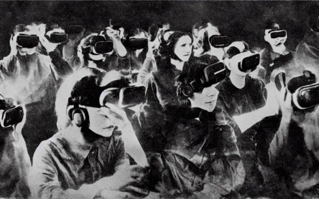 Image similar to 1 9 0 0 s photo of people using iphones ipods virtual reality headsets vr in a movie theater double exposure masterpiece