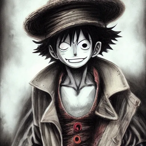Prompt: a painting of luffy one piece character, an ultrafine detailed painting by seb mckinnon, featured on cgsociety, gothic art, darksynth, dark and mysterious, ominous vibe