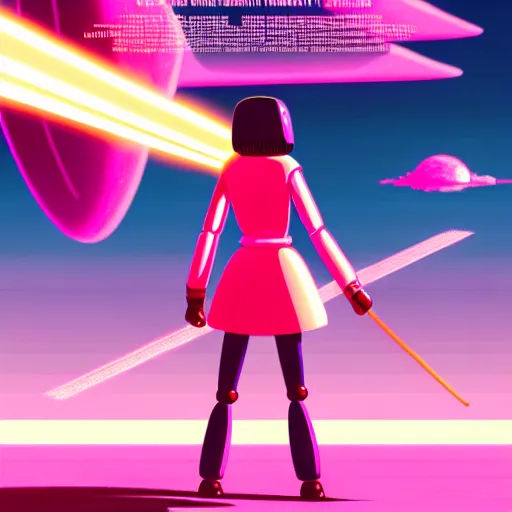 Prompt: a woman named yoshimi battles pink robots, illustrated, detailed, 4 k