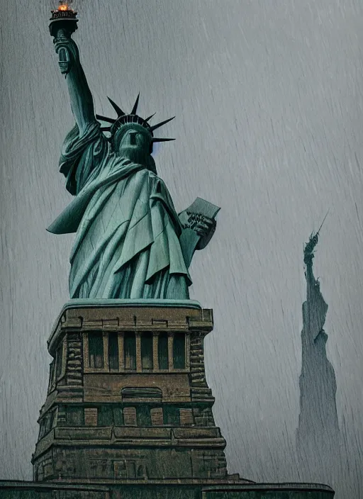 Prompt: hyper detailed oil painting of the statue of liberty; cracked, decaying, covered in moss and vines; thunderstorm; moody cinematic lighting, painted by Greg Rukowtski, trending on Artstation