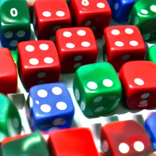 Prompt: red dice on green dice on blue dice