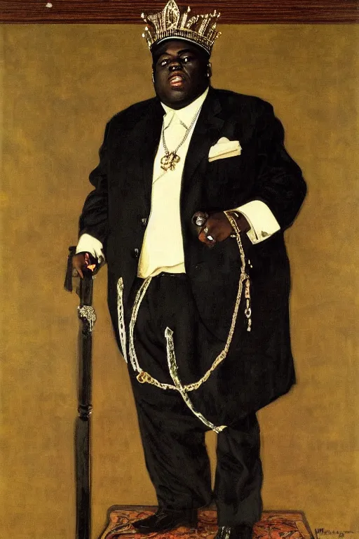 Image similar to portrait of biggie smalls with kings crown and royal outfit, modern, european, eclectic, illustration, by ramon casas