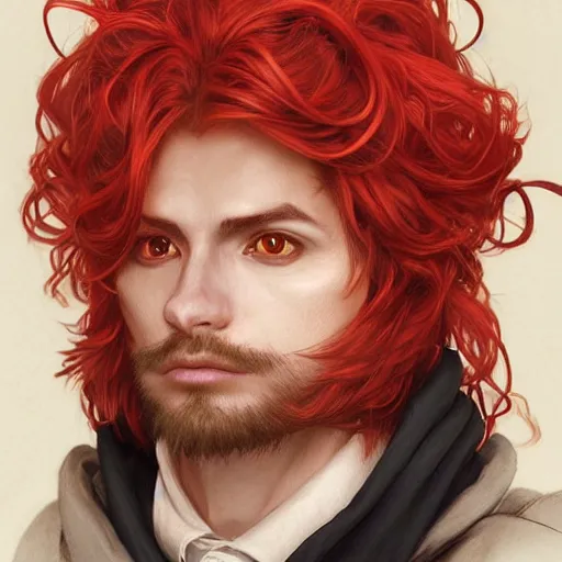 Image similar to portrait of a rat with a humanoid face, male, handsome, full body, furry chest, red hair, long hair, soft hair, fantasy, red kimono, intricate, elegant, highly detailed, suit, digital painting, artstation, concept art, character art, smooth, sharp focus, illustration, art by artgerm and greg rutkowski and alphonse mucha