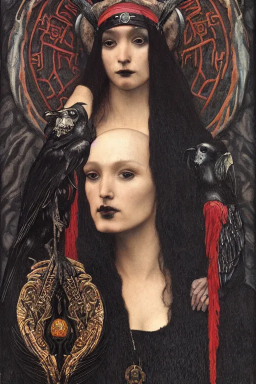 Image similar to a goth shaman with the head of a raven, by Annie Swynnerton and Nicholas Roerich and John Bauer and John William Godward and Donato Giancola and Vermeer, black leather and embroidered velvet, iridescent beetles, rich color, dramatic cinematic lighting, featured on Artstation, extremely detailed