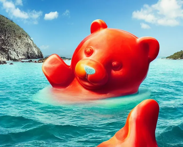 Image similar to a giant sculpture of a giant gummy bear on the ocean water, side shot, award winning, hyper - realistic, very detailed, realistic water, water splashes, ray tracing, 8 k resolution, long - shot, sharp focus, low angle, 8 5 mm photograph, wide lens