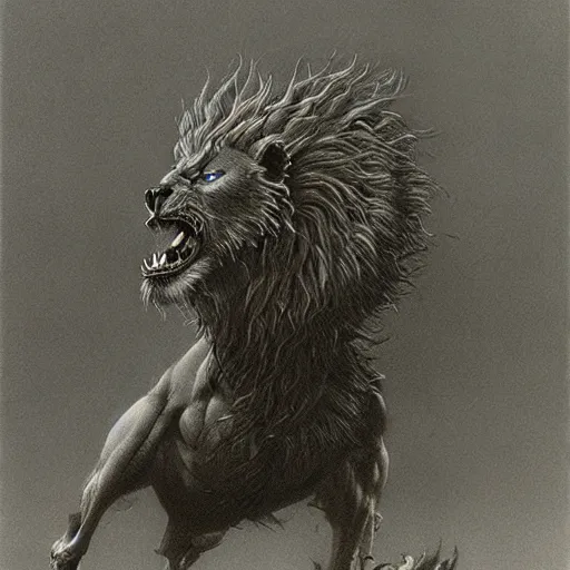 Image similar to griffon concept art, lion body, beksinski, wayne barlowe