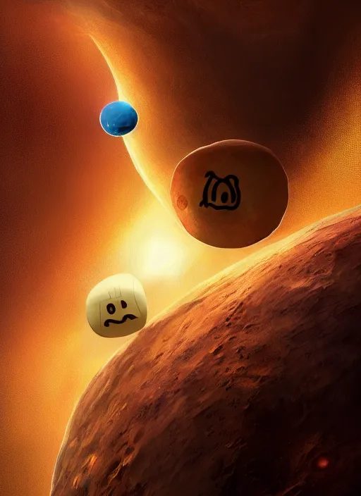 Image similar to earth with a pacman face eating mars, au naturel, hyper detailed, digital art, trending in artstation, cinematic lighting, studio quality, smooth render, unreal engine 5 rendered, octane rendered, art style by klimt and nixeu and ian sprigger and wlop and krenz cushart.