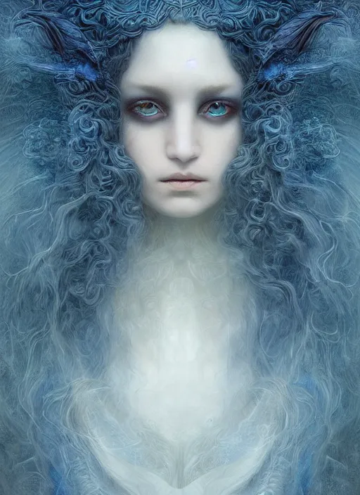 Prompt: Her huge ominous glowing blue eyes staring into my soul , perfect eyes, soft pale white skin, intricate stunning highly detailed, agostino arrivabene, WLOP, twisted dark lucid dream, 8k portrait render, raven wings, swirling thick smoke , beautiful lighting, dark fantasy art, cgsociety