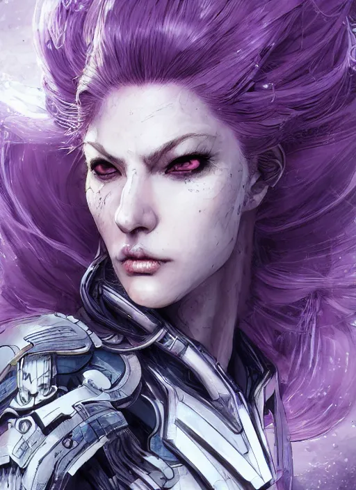 Image similar to close up portrait of a pale woman in sci - fi armor with purple hair, powerful, domineering, stoic, masterful, intense, ultrafine hyperdetailed illustration by kim jung gi, irakli nadar, intricate linework, sharp focus, octopath traveler, yoji shinkawa, yoshitaka amano, detailed, concept art